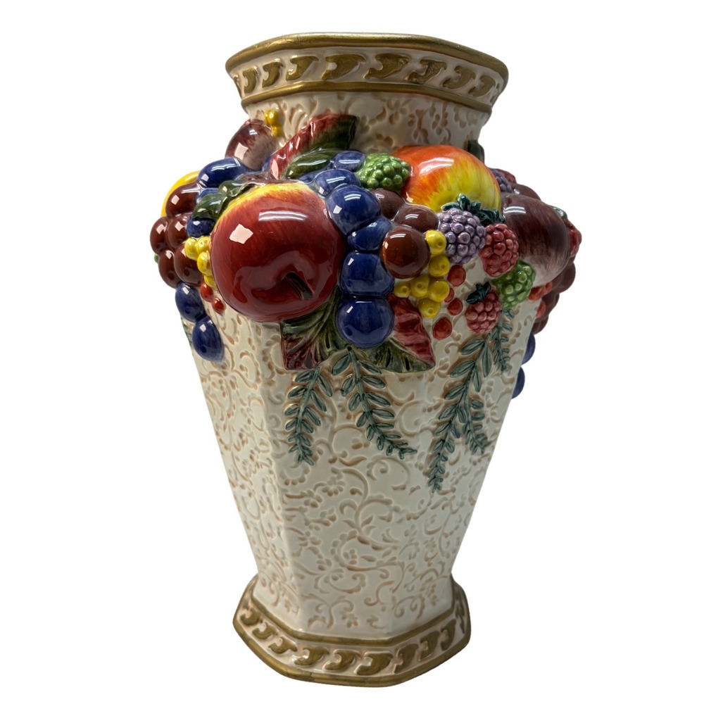 Fitz and Floyd Handcrafted China Fruit Relief Vase Gold Trim 12.5 Inch